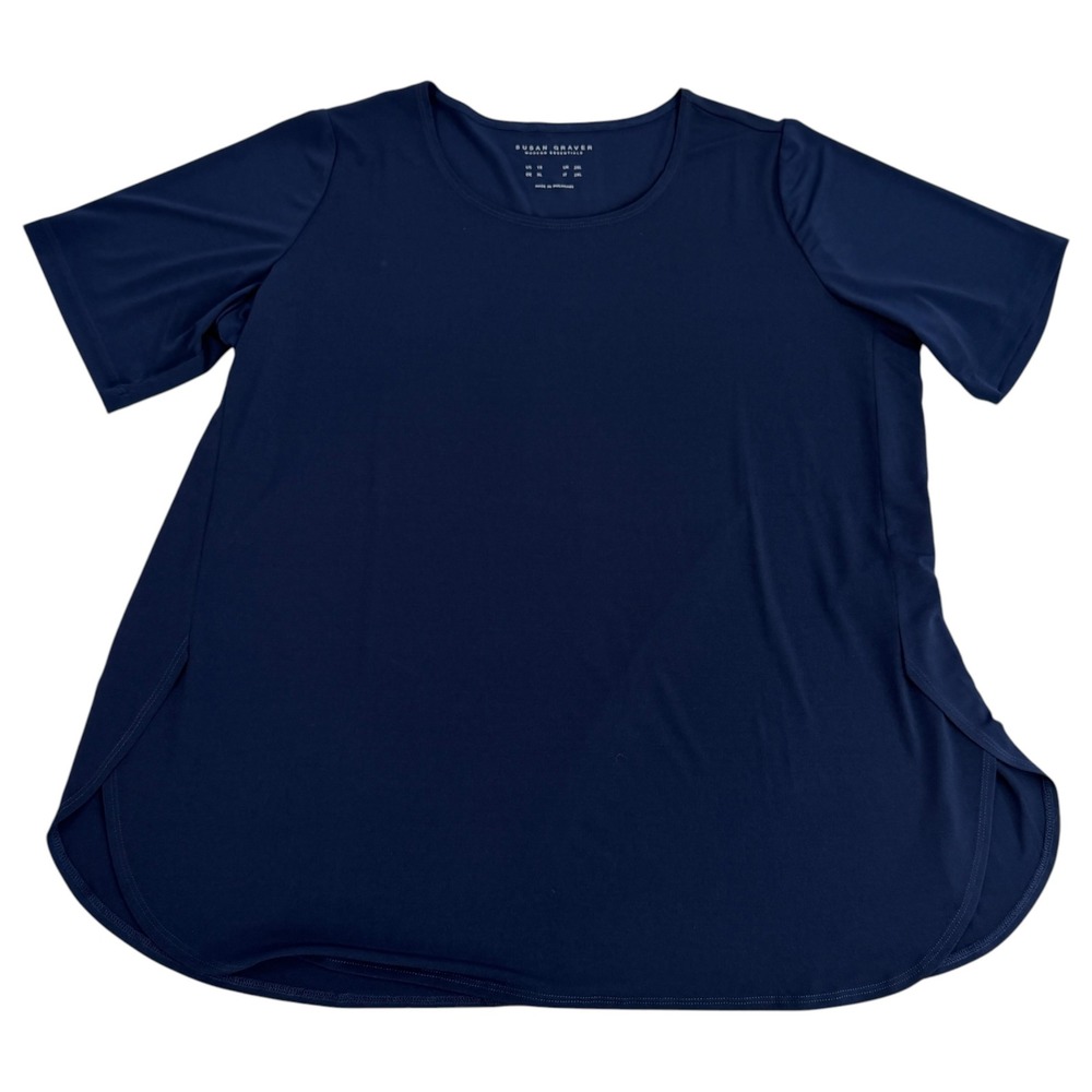 Susan Graver Modern Essentials Navy Blue Short Sleeve T-Shirt 1X Scoop Neck Plus